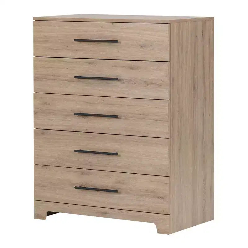Commode 5 tiroirs Primo South Shore chêne rustique : Rangement vertical, cadre en panneaux de particules, dispositif anti-basculement