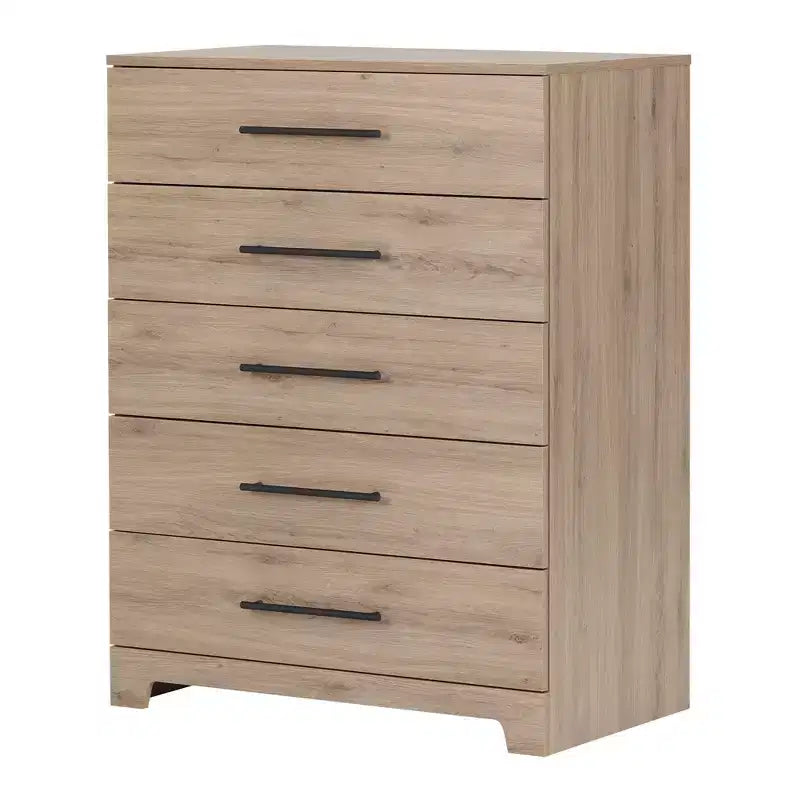 Commode 5 tiroirs Primo South Shore chêne rustique : Rangement vertical, cadre en panneaux de particules, dispositif anti-basculement