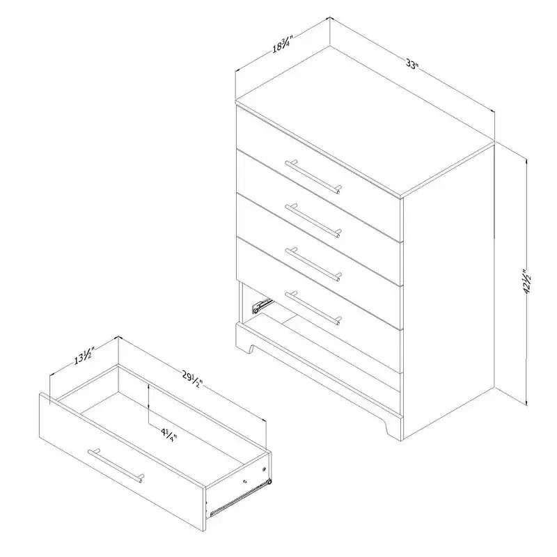 Commode 5 tiroirs Primo South Shore chêne rustique : Rangement vertical, cadre en panneaux de particules, dispositif anti-basculement