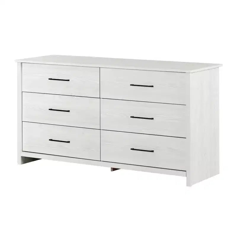 Commode double à 6 tiroirs Tassio de South Shore chêne Nordik : Quincaillerie anti-basculement, fini stratifié, cadre en panneaux de particules