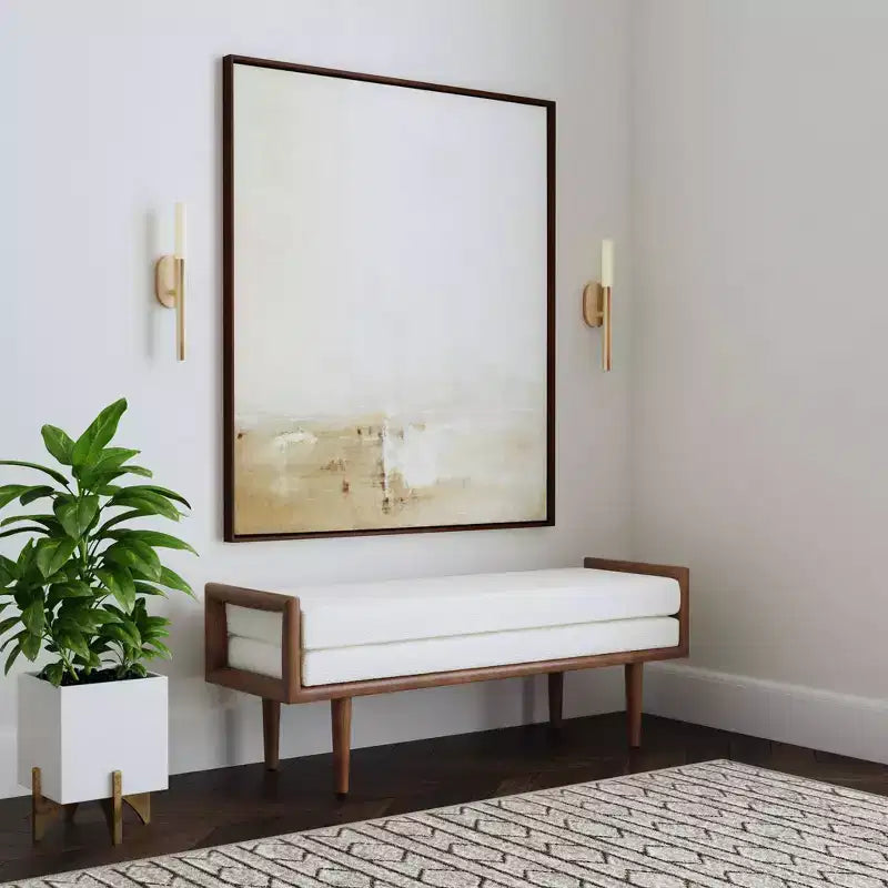 HomePop Upholstered Boucle Bench with Wood Base Cream: Mid-Tone Walnut Finish, Rectangle Shape, Polyester Upholstery