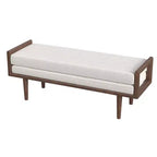 Banc HomePop en bouclette rembourré avec base en bois crème : finition noyer mi-clair, forme rectangulaire, revêtement en polyester