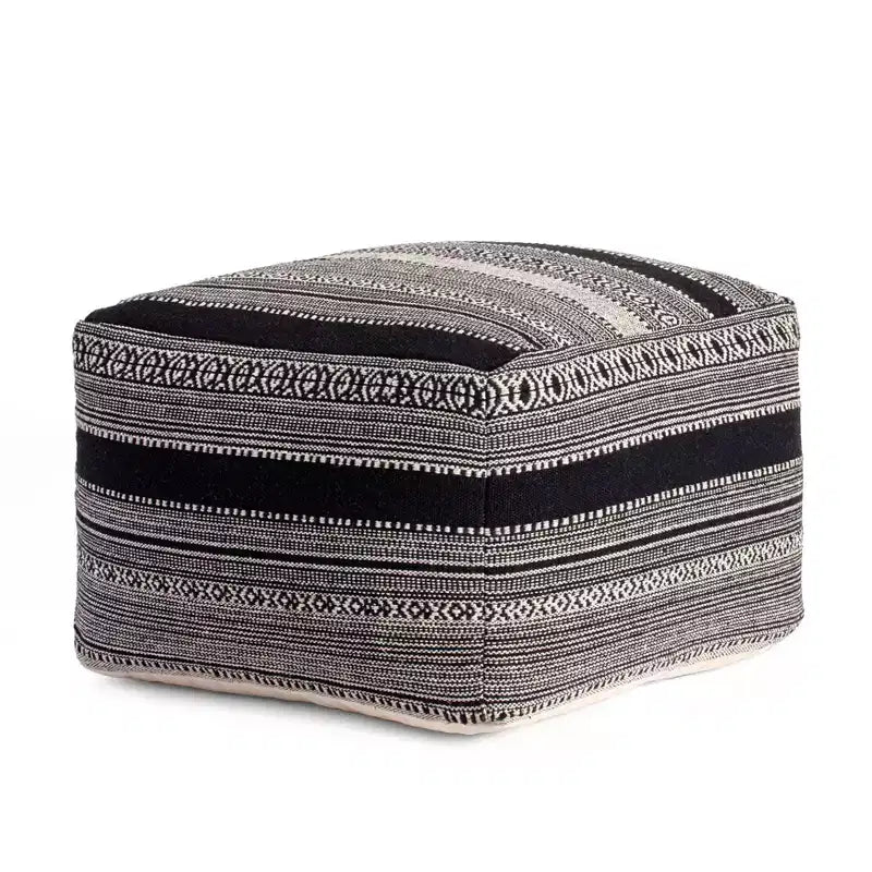 Pouf Wydown Noir/Ivoire - Anji Mountain : Ottoman bohème fait main, motif abstrait, coton texturé, 58,4 x 58,4 x 43,2 cm