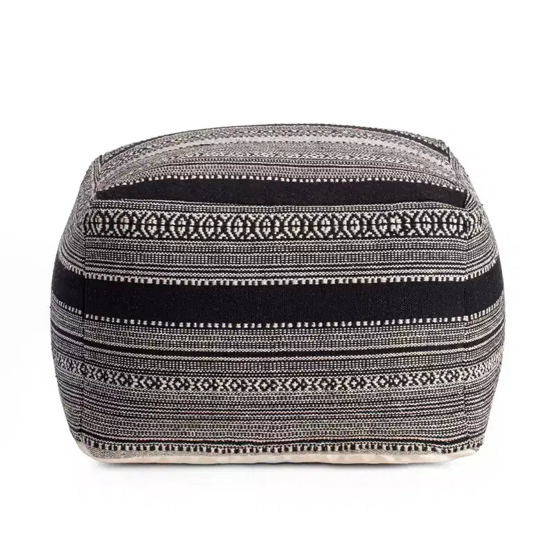 Pouf Wydown Noir/Ivoire - Anji Mountain : Ottoman bohème fait main, motif abstrait, coton texturé, 58,4 x 58,4 x 43,2 cm
