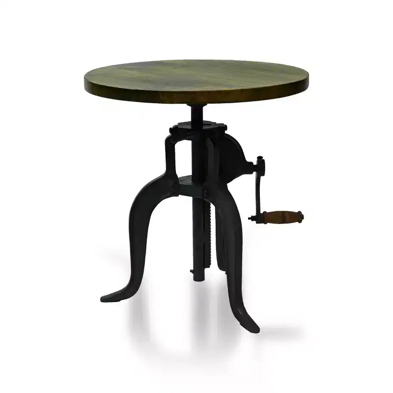 Table d'appoint à manivelle réglable Carolina Living Paxton Chêne Harvest : Piètement en fonte, plateau en bois de manguier, hauteur 61 cm