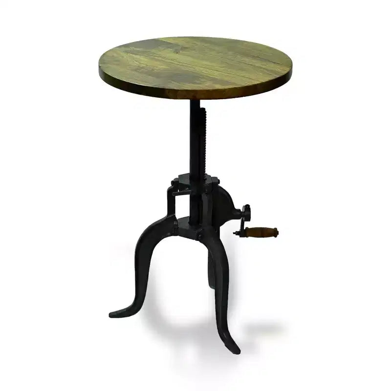 Table d'appoint à manivelle réglable Carolina Living Paxton Chêne Harvest : Piètement en fonte, plateau en bois de manguier, hauteur 61 cm