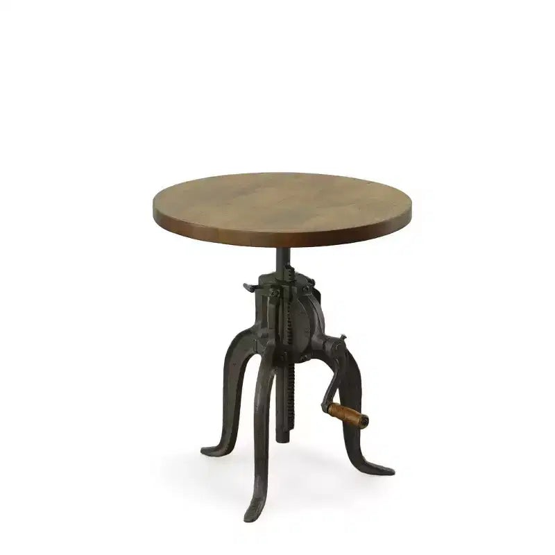 Table d'appoint à manivelle réglable Carolina Living Paxton Chêne Harvest : Piètement en fonte, plateau en bois de manguier, hauteur 61 cm