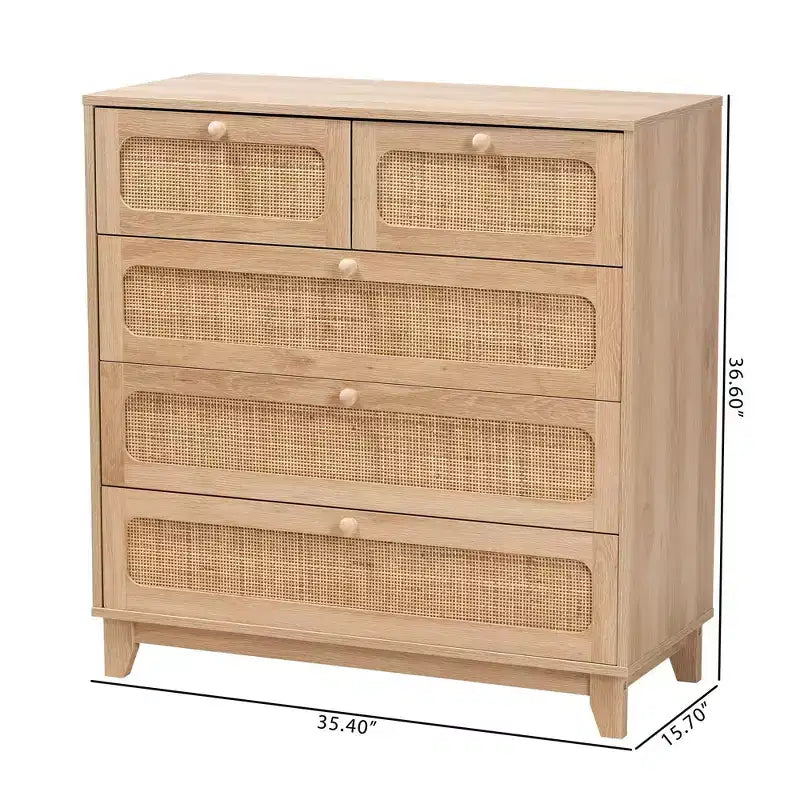 Commode de rangement Elsbeth en bois et rotin naturel à 5 tiroirs Chêne brun/brun naturel - Baxton Studio