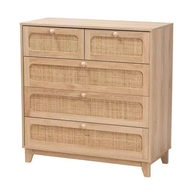Commode de rangement Elsbeth en bois et rotin naturel à 5 tiroirs Chêne brun/brun naturel - Baxton Studio