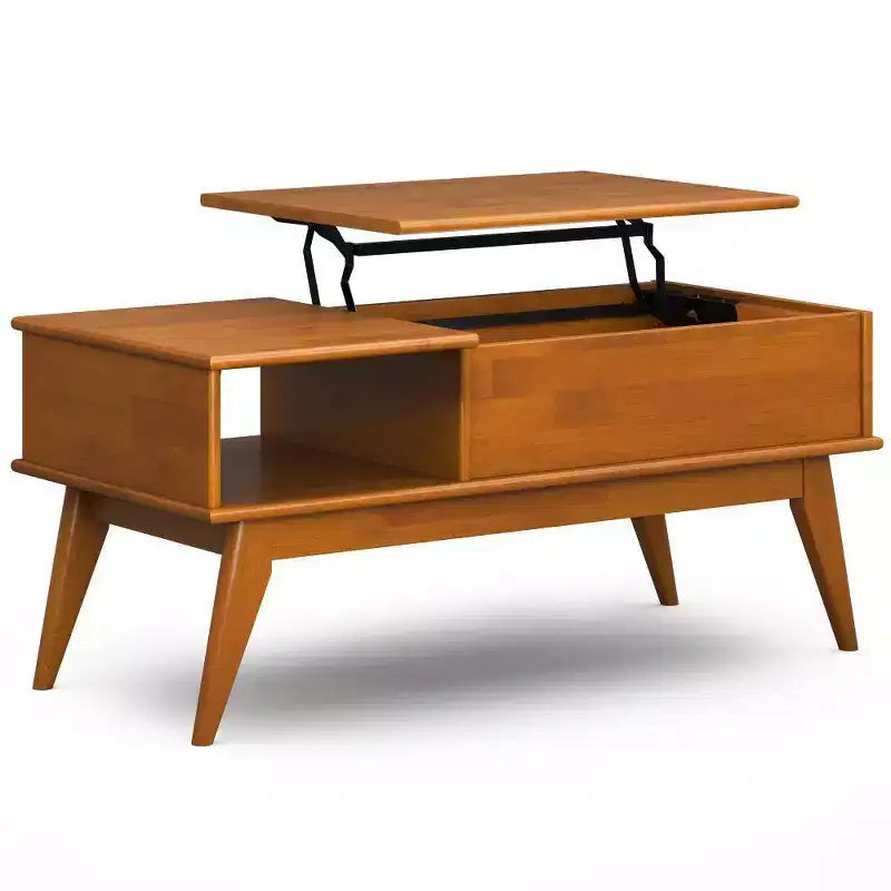 Table basse relevable Tierney de WyndenHall, marron teck : Rangement moderne du milieu du siècle, rectangulaire en bois d'hévéa