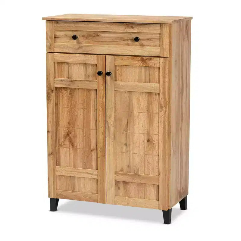 Glidden Wood 1 Drawer Shoe Storage Cabinet Oak Brown - Baxton Studio: Entryway Organizer with 5 Shelves