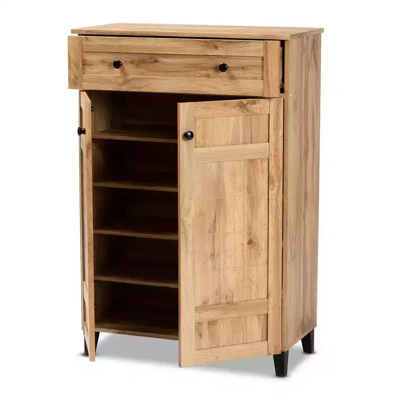 Meuble de Rangement à Chaussures Glidden Wood 1 Tiroir Chêne Marron - Baxton Studio : Organiseur d'Entrée avec 5 Étagères
