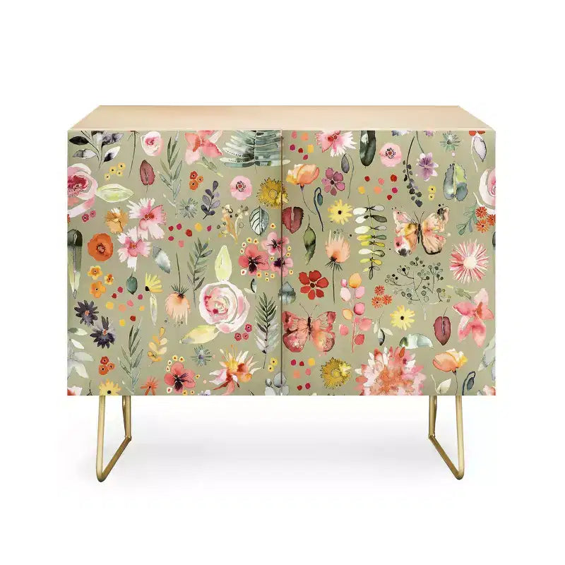 Ninola Design Countryside Colorful Plants Credenza Green/Gold - Deny Designs