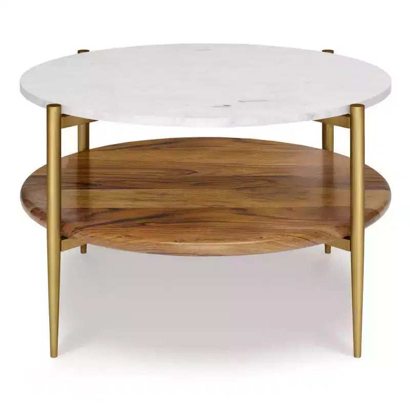 Table basse Fleetwood blanche - WyndenHall : style Mid-Century Modern, étagère en acacia, cadre en laiton antique