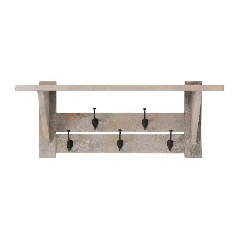 Banc et patère en manguier Castleton 40 po avec étagère Driftwood – Meubles Alaterre : Rangement pour entrée, 5 crochets en métal, sans traitement de surface