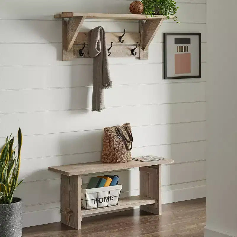 Banc et patère en manguier Castleton 40 po avec étagère Driftwood – Meubles Alaterre : Rangement pour entrée, 5 crochets en métal, sans traitement de surface