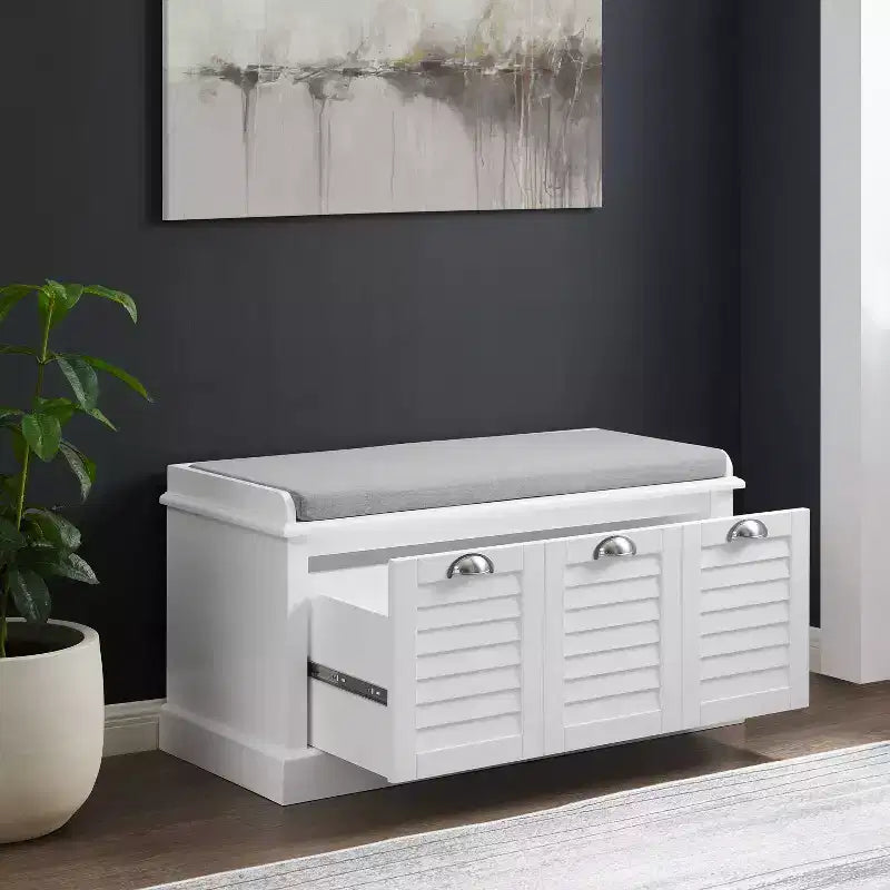 Banc de rangement d'entrée Ellison 91 cm Crosley blanc/gris : Rembourré avec compartiment à chaussures, Design étroit