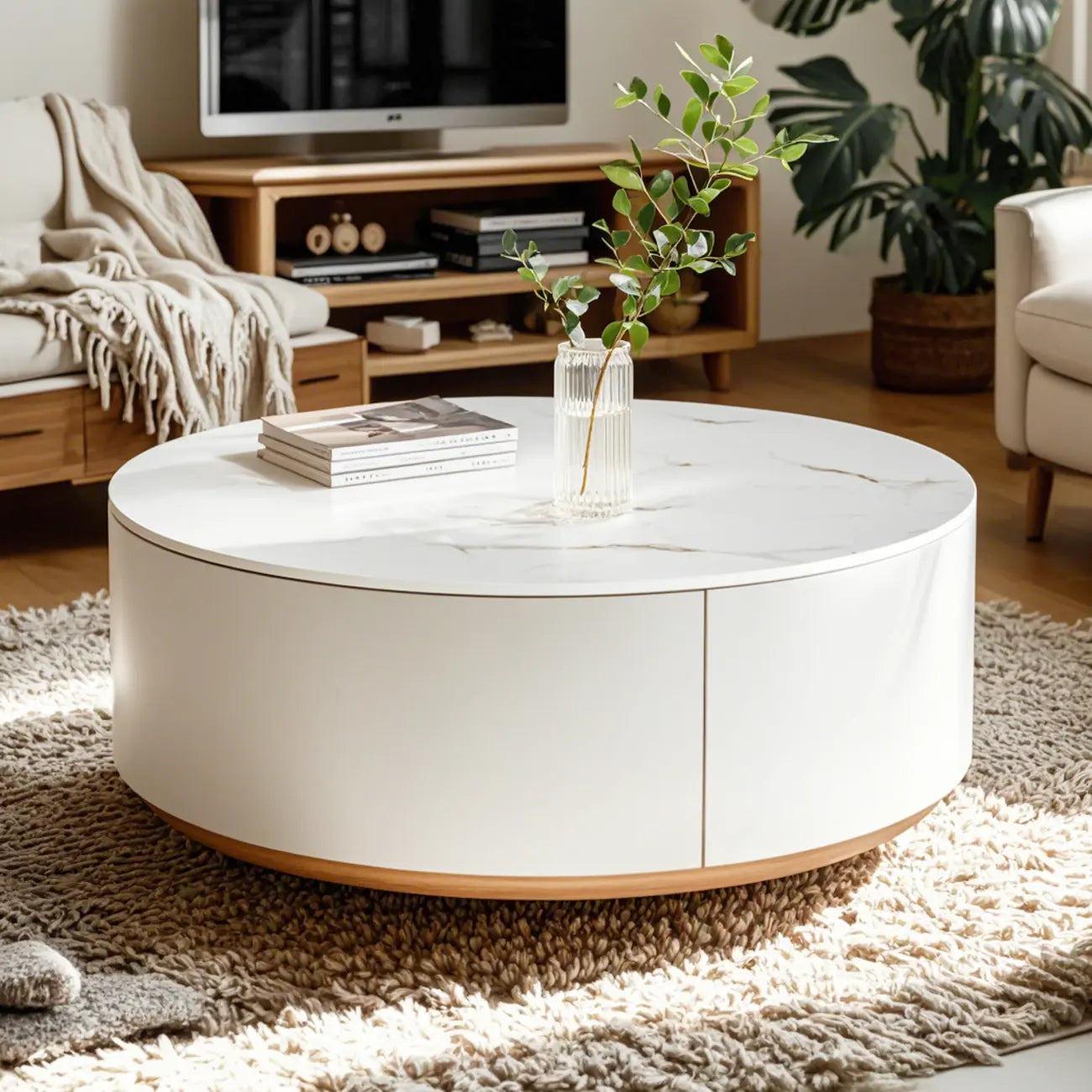 Table basse ronde moderne blanche avec tiroir en bois