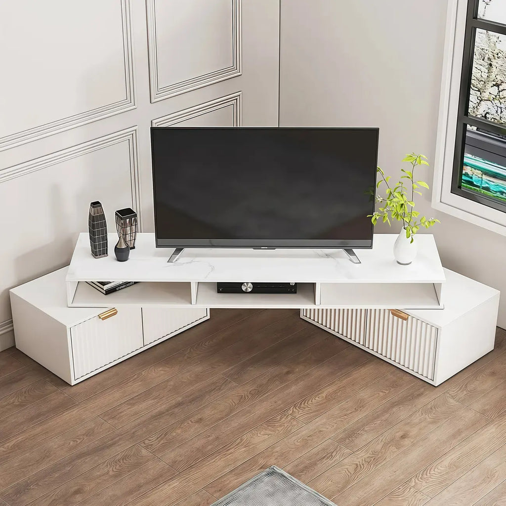 Meuble TV d'angle moderne blanc avec 2 tiroirs et étagère ouverte