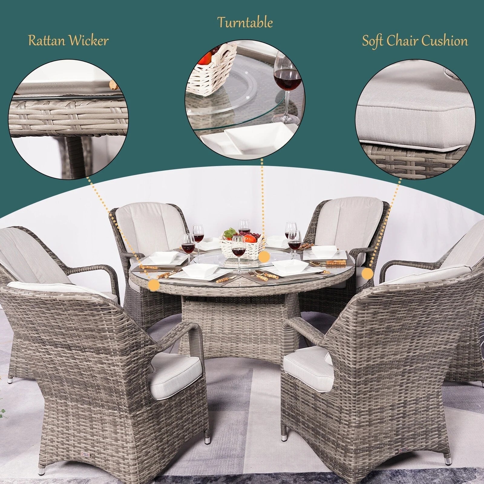 Ensemble de salle à manger rond 7 pièces en rotin tressé d'extérieur avec coussins de Moda Furnishings
