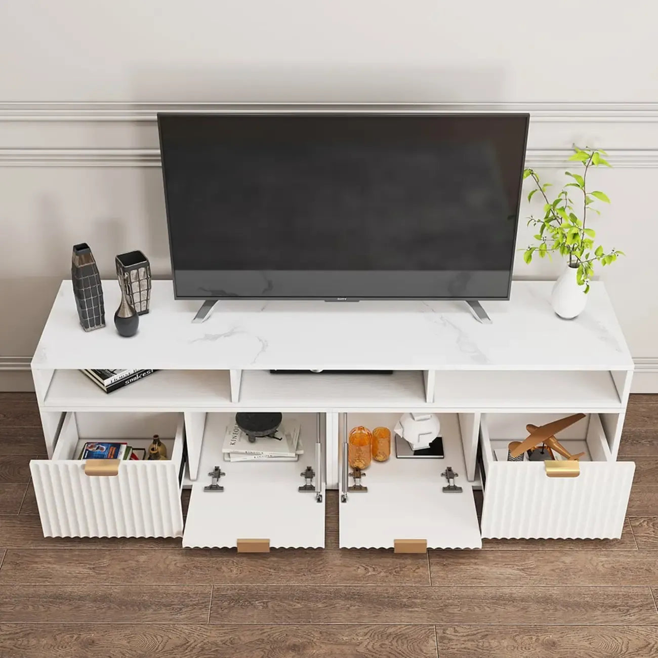 Meuble TV d'angle moderne blanc avec 2 tiroirs et étagère ouverte