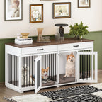 Meuble Niche Double pour Chiens en Bois avec 2 Tiroirs et Séparateur