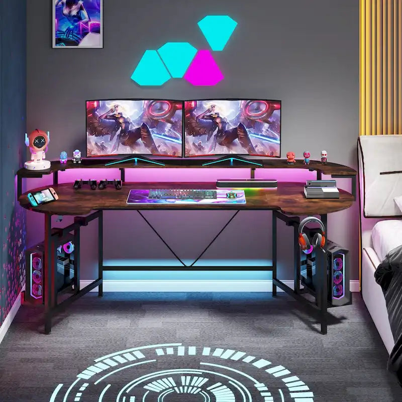 Bureau de gaming avec étagère pour moniteur, bureau d'ordinateur de 75 pouces avec bande LED