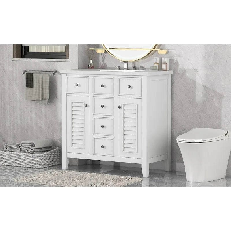 Meuble-lavabo avec vasque en céramique, deux placards et cinq tiroirs