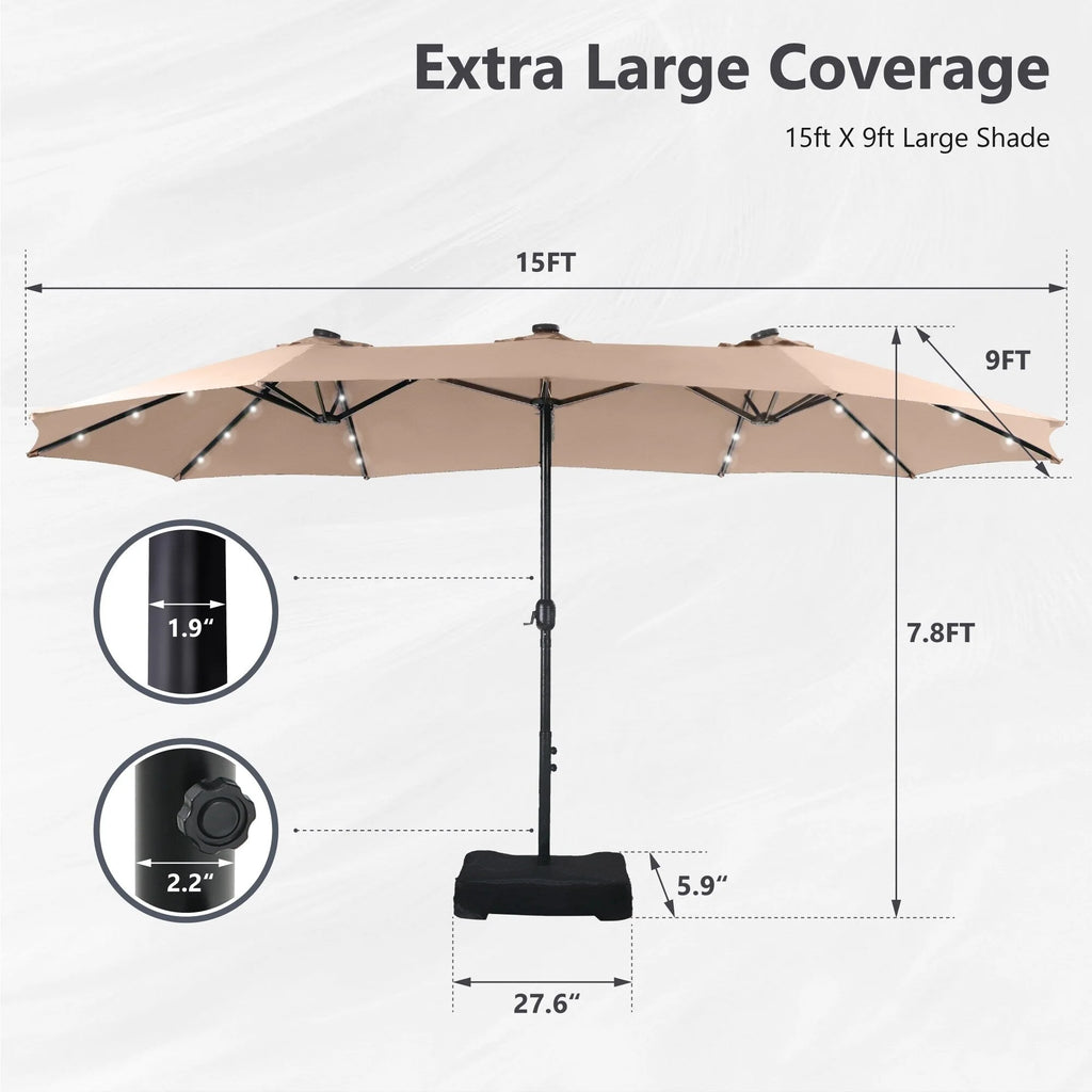 MAISON ARTS Parasol de marché extérieur rectangulaire de 4,5 m avec manivelle, double face, lumières LED solaires et base incluse