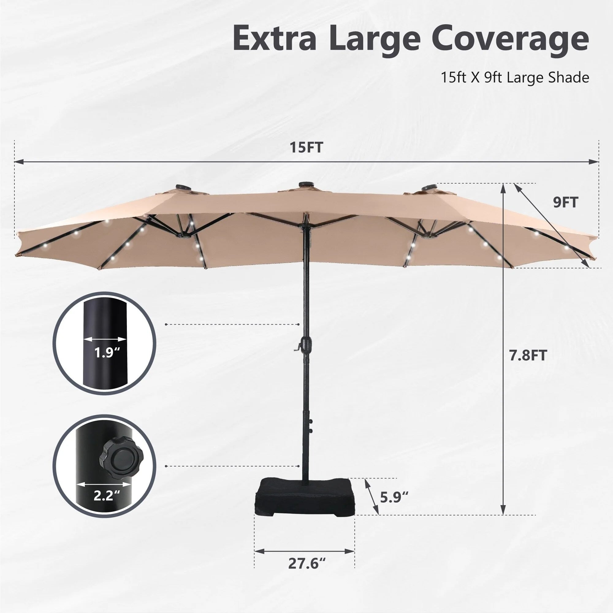 MAISON ARTS Parasol de marché extérieur rectangulaire de 4,5 m avec manivelle, double face, lumières LED solaires et base incluse