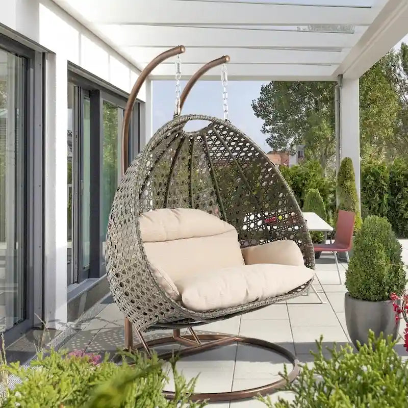 LeisureMod Fauteuil suspendu œuf 2 places avec support - Balançoire hamac de patio en rotin osier intérieur/extérieur avec coussins