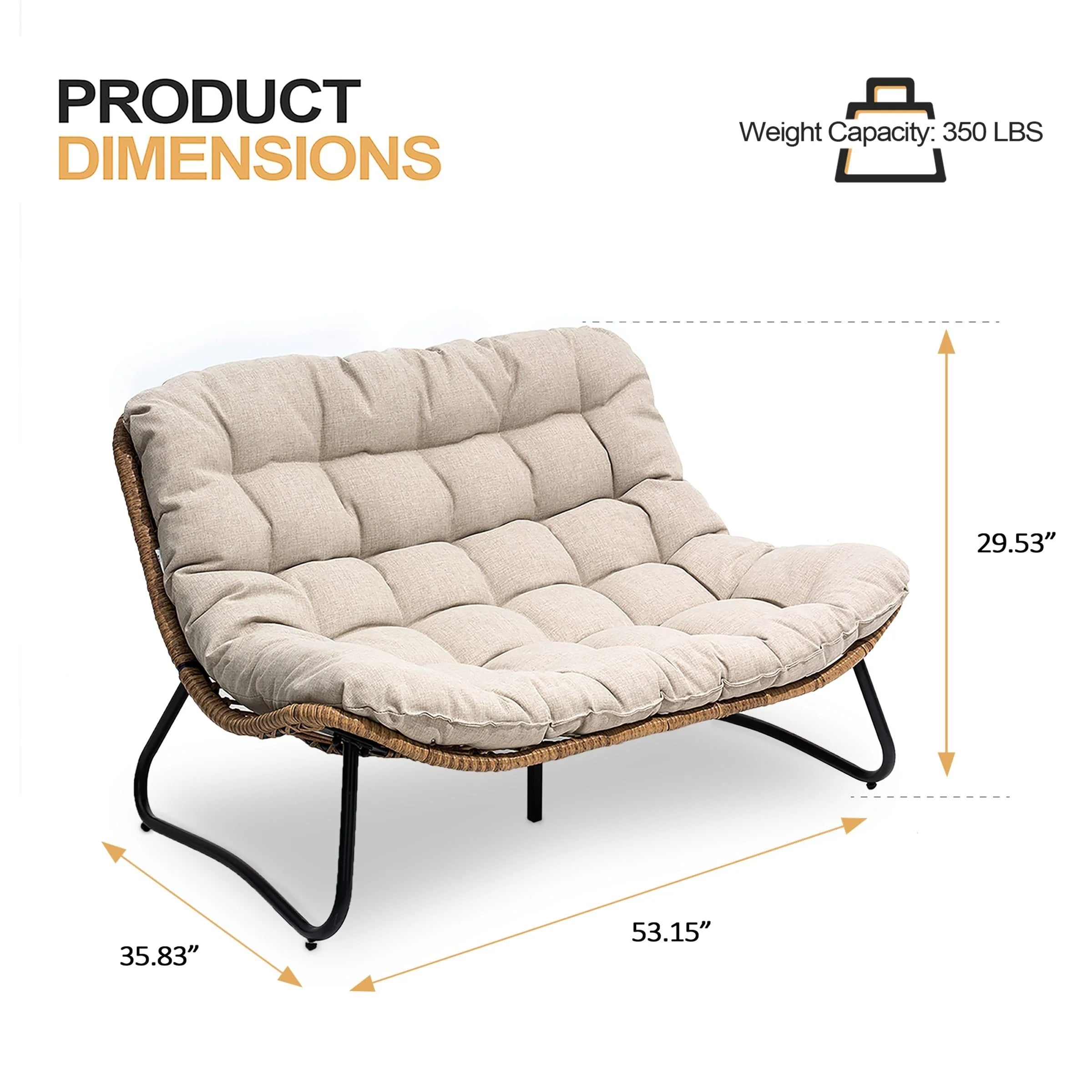 Fauteuil Double Papasan avec Coussin, en Rotin PE Résistant aux Intempéries et Cadre en Métal pour Intérieur et Extérieur