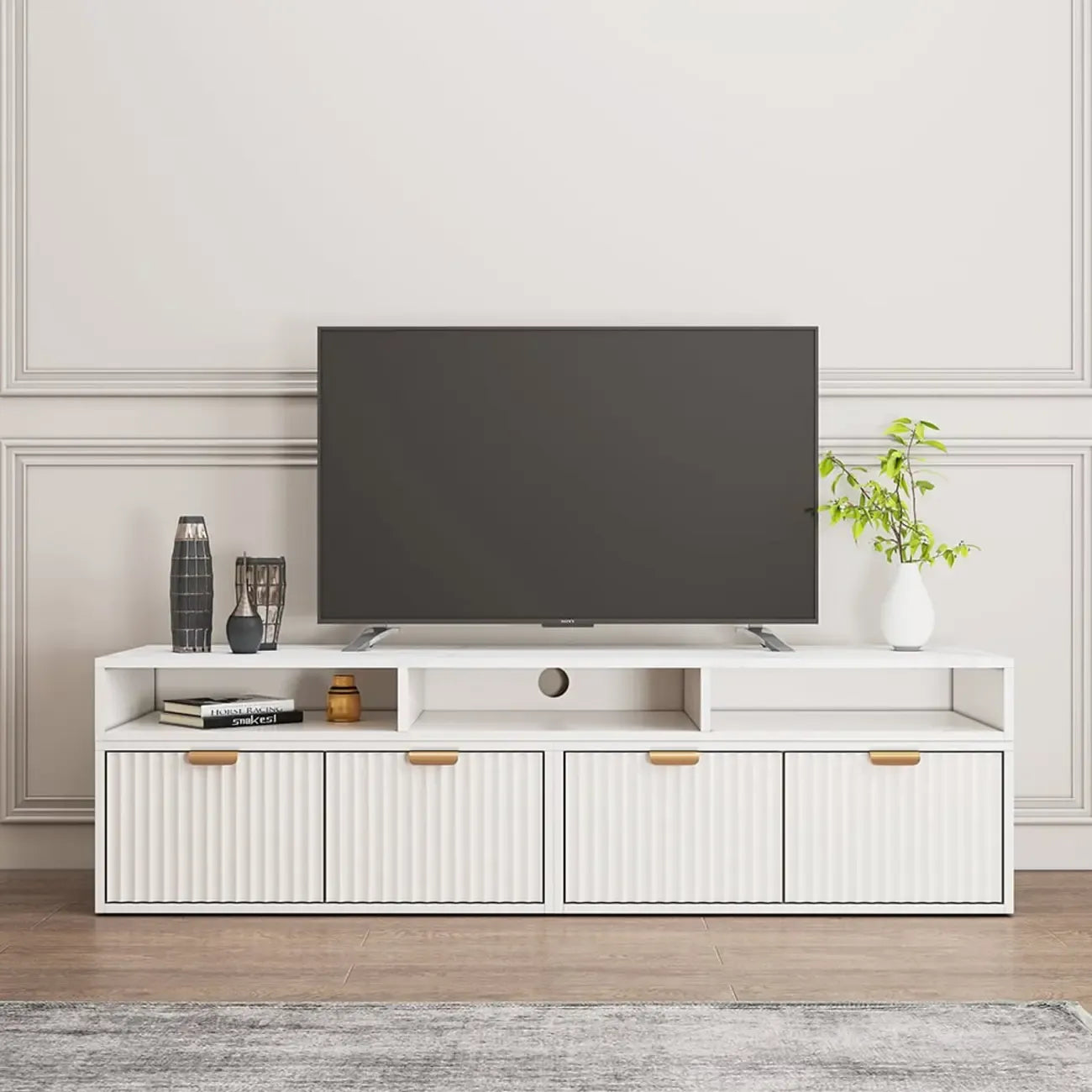 Meuble TV d'angle moderne blanc avec 2 tiroirs et étagère ouverte