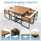 Ensemble de salle à manger de patio en bois d'acacia de 18 pièces, 8 chaises coussinées et 8 poufs et 2 tables carrées