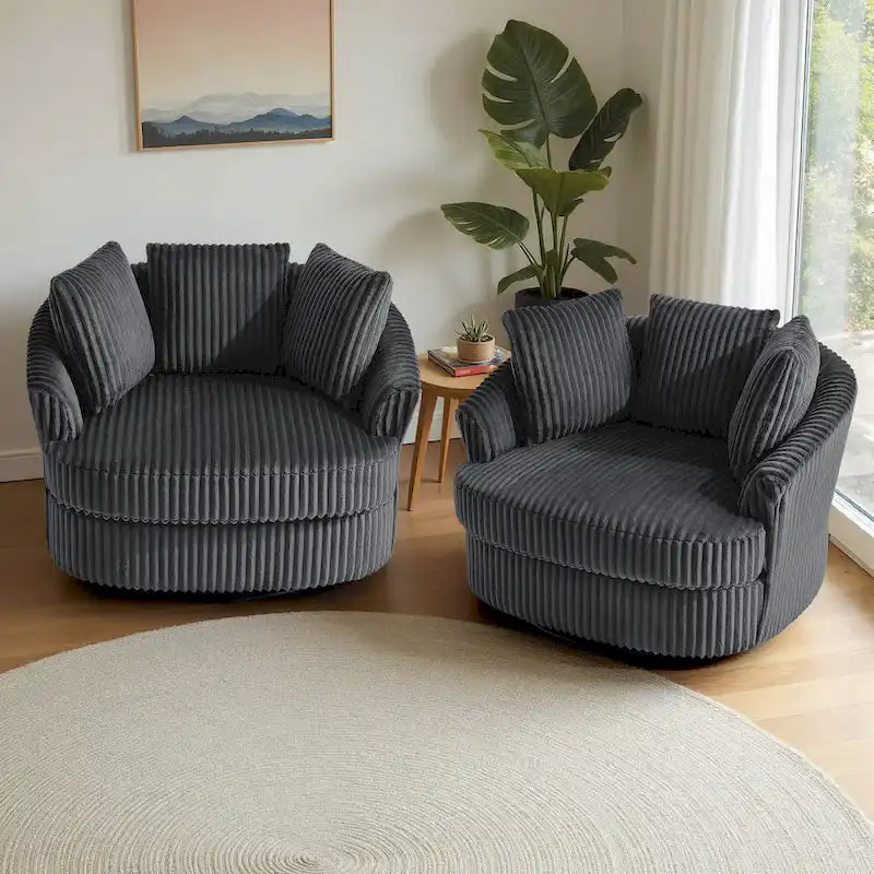 Lot de 2 fauteuils pivotants ronds surdimensionnés en velours côtelé moelleux de 43 po avec oreillers