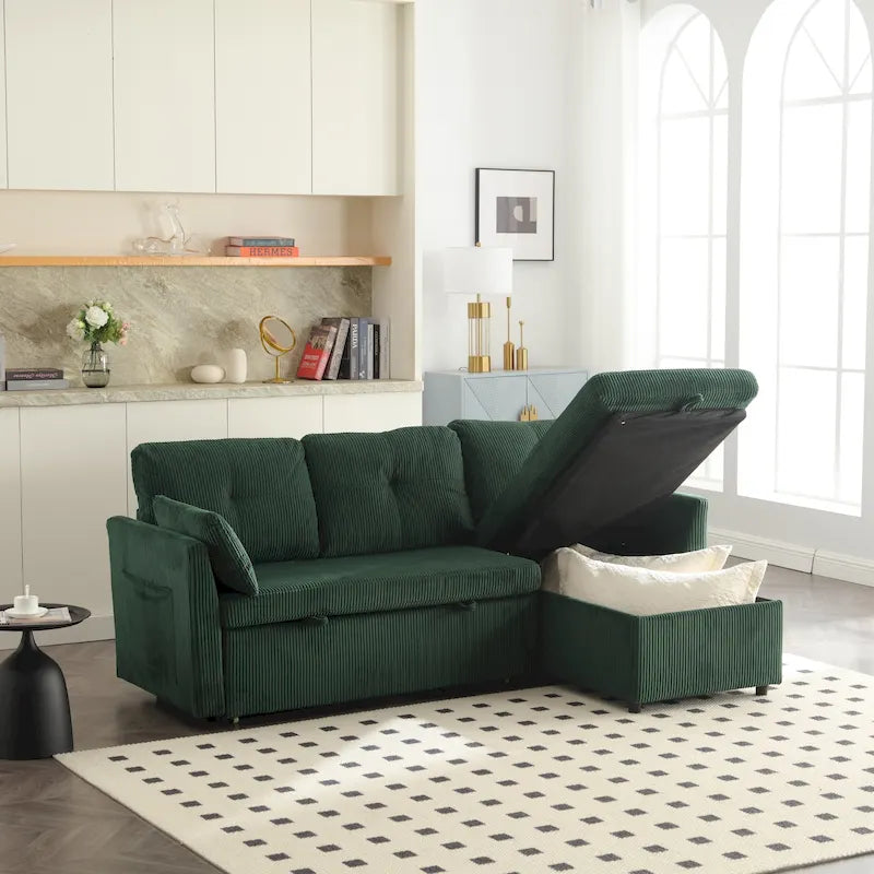 Canapé d'angle réversible en velours côtelé/chenille avec chaise longue de rangement et poche latérale