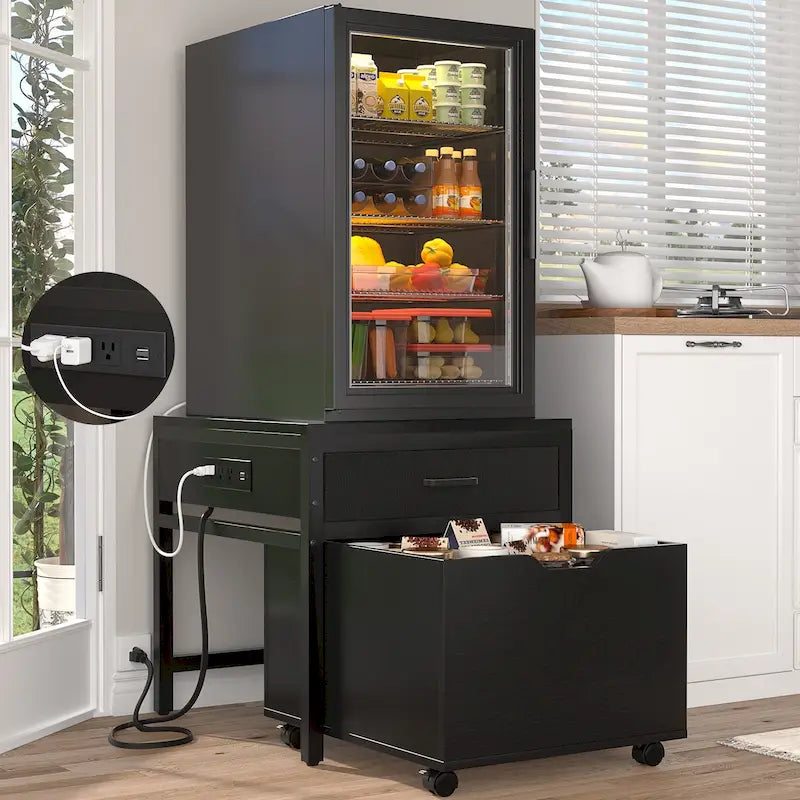 Meuble de support pour mini-réfrigérateur avec station de charge, table d'appoint avec tiroirs de rangement et meuble à roulettes