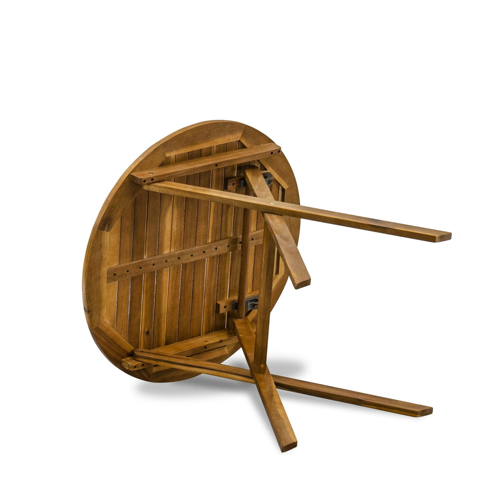 East West Furniture Ensemble Bistro de Conversation d'Extérieur avec Table Basse Ronde en Bois et 2 Chaises Pliantes, Huile Naturelle