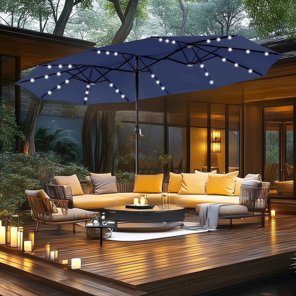 MAISON ARTS Parasol de marché extérieur rectangulaire de 4,5 m avec manivelle, double face, lumières LED solaires et base incluse