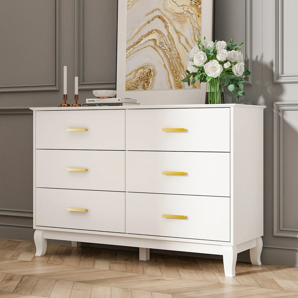 Commode double Timechee à 6 tiroirs, 120 cm de large, pieds en bois massif, finition laquée