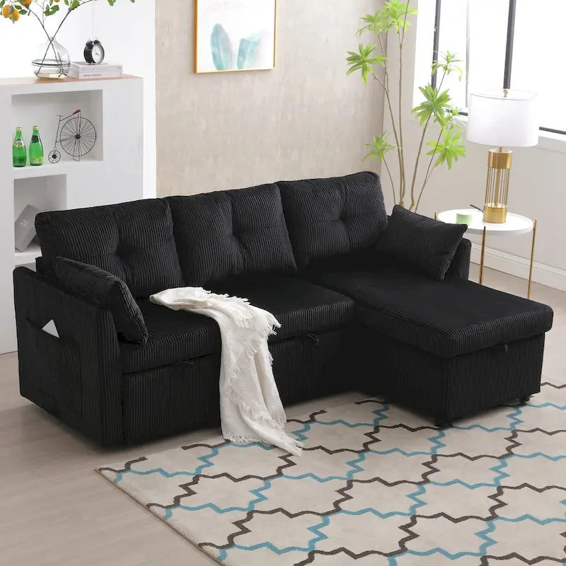 Canapé d'angle réversible en velours côtelé/chenille avec chaise longue de rangement et poche latérale