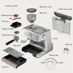 Machine à café semi-automatique avec contrôle intelligent de la température et fonction eau chaude, 30 réglages de mouture