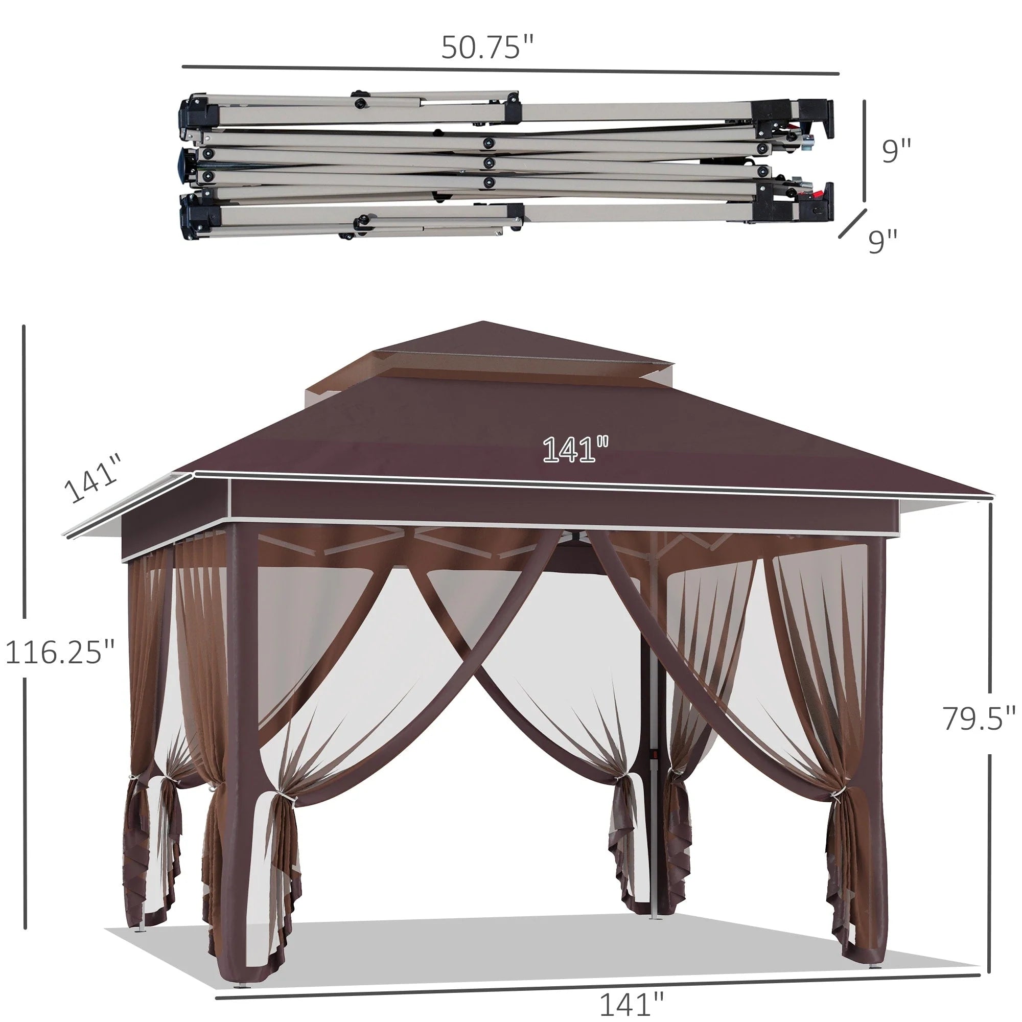 Outsunny Tonnelle Pop Up 3,6 x 3,6 m, Tente Pliante Instantanée avec Murs Latéraux en Maille Filet, Hauteur Réglable sur 3 Niveaux