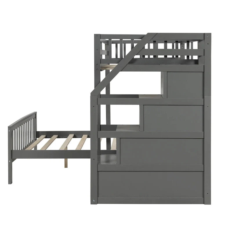 Lit mezzanine en bois double sur grand avec escalier, balustrades hautes et échelle