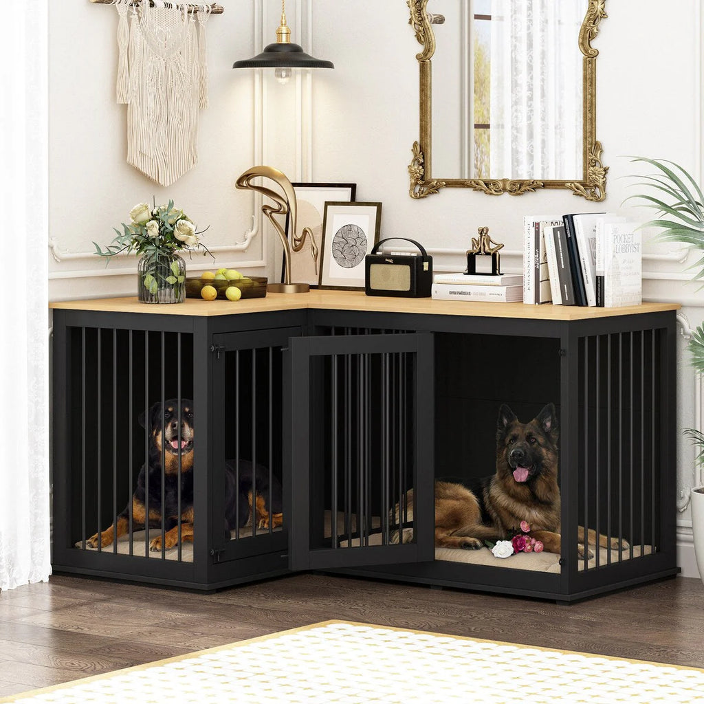 Meuble Grande Cage d'Angle pour 2 Chiens, Cage en Forme de L - 58,7X41,1