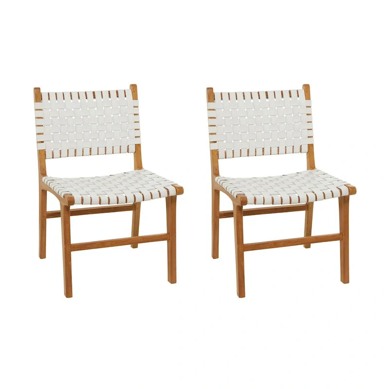 Chaises de salle à manger tressées faites à la main en cuir avec cadre en bois de teck - Lot de 2 Marron, Blanc ou Noir - Roche River Decor