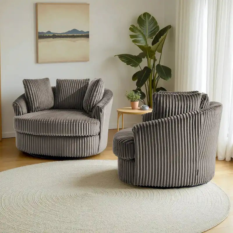 Lot de 2 fauteuils pivotants ronds surdimensionnés en velours côtelé moelleux de 43 po avec oreillers