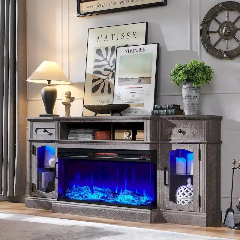 Meubles TV avec cheminée électrique de style rustique jusqu'à 80 pouces, centre de divertissement