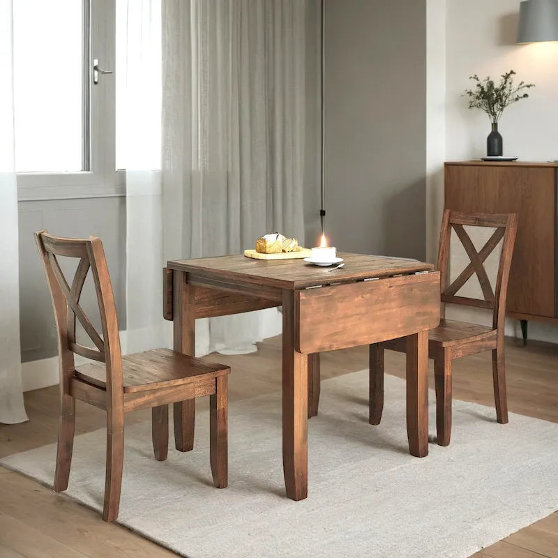 Ensemble de salle à manger 3 pièces avec table à rabats en bois et 2 chaises à dossier en X pour petits espaces