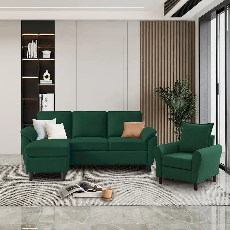 Canapé d'angle 3 places avec fauteuil et pouf pour salon